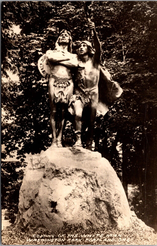 RPPC Coming of the White Man Statue at Washington Park in Portland, Oregon