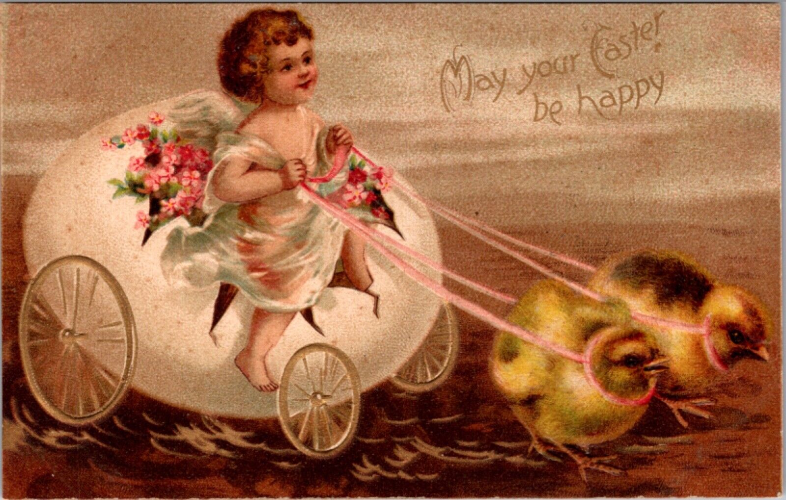 Easter Postcard Chicks Pulling Eggshell Chariot Cart Pink Flowers Angel Cherub