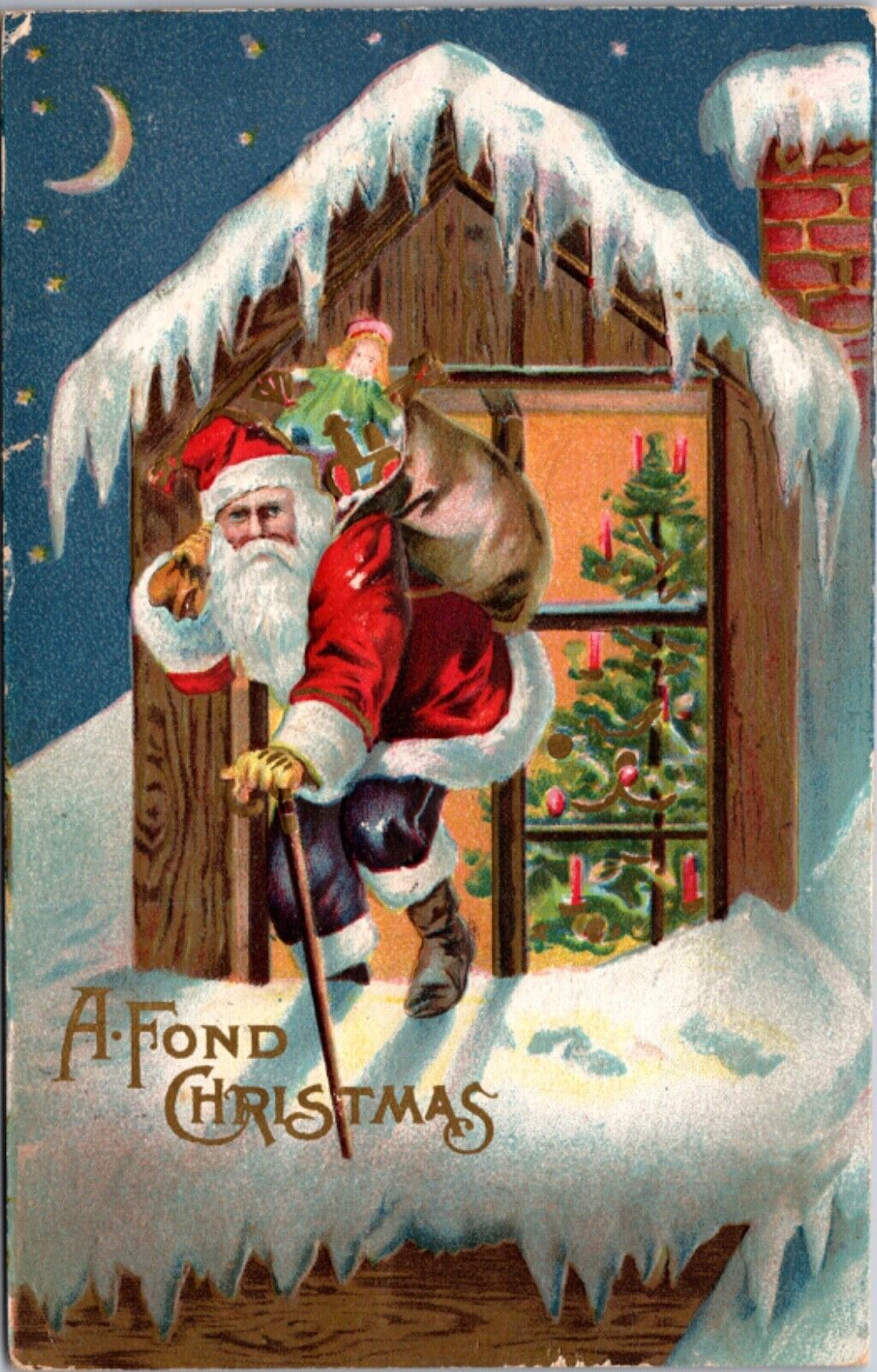 A Fond Christmas PC Santa Claus Wearing Purple/Black Pants Climbing Out Window