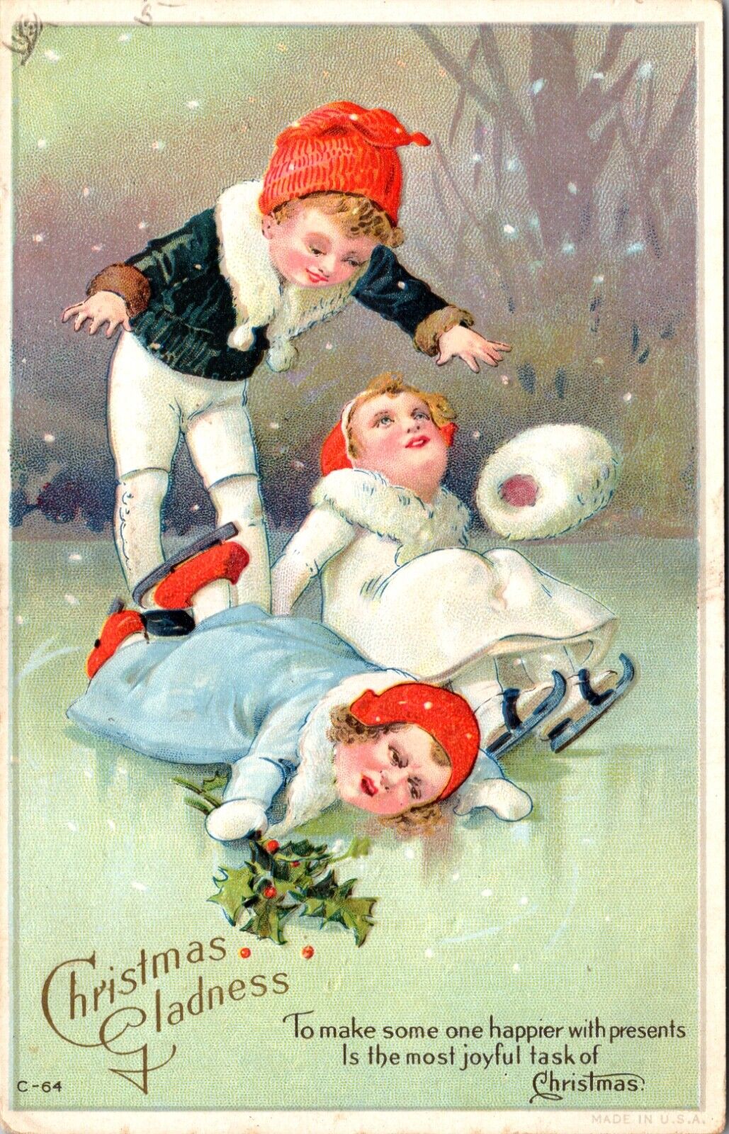 Christmas Postcard Children Ice Skating and Falling On Each Other