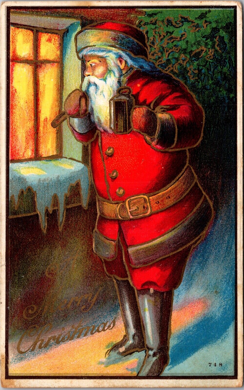 Christmas Postcard Santa Claus Carrying Tree and Looking Into House Window