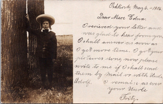 Real Photo Postcard Young Boy Standing with Tree in Oshkosh, Wisconsin