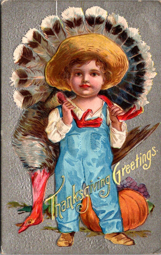 Thanksgiving Postcard Little Boy Carrying Dead Turkey, Pumpkin, Grapes