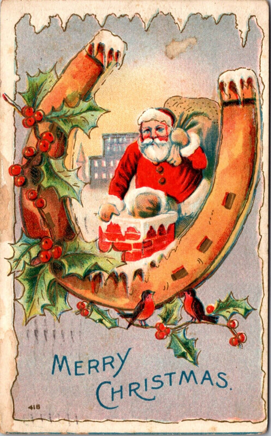 1909 PC Giant Horseshoe Around Santa Claus Climbing Down Chimney Birds Holly