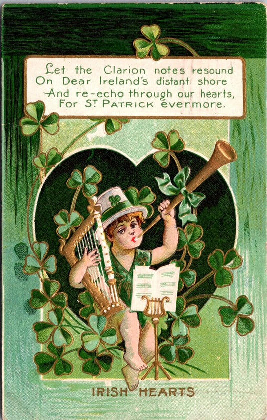 St. Patrick's Day Postcard Clarion Notes Music Irish Hearts Harp Music Shamrocks