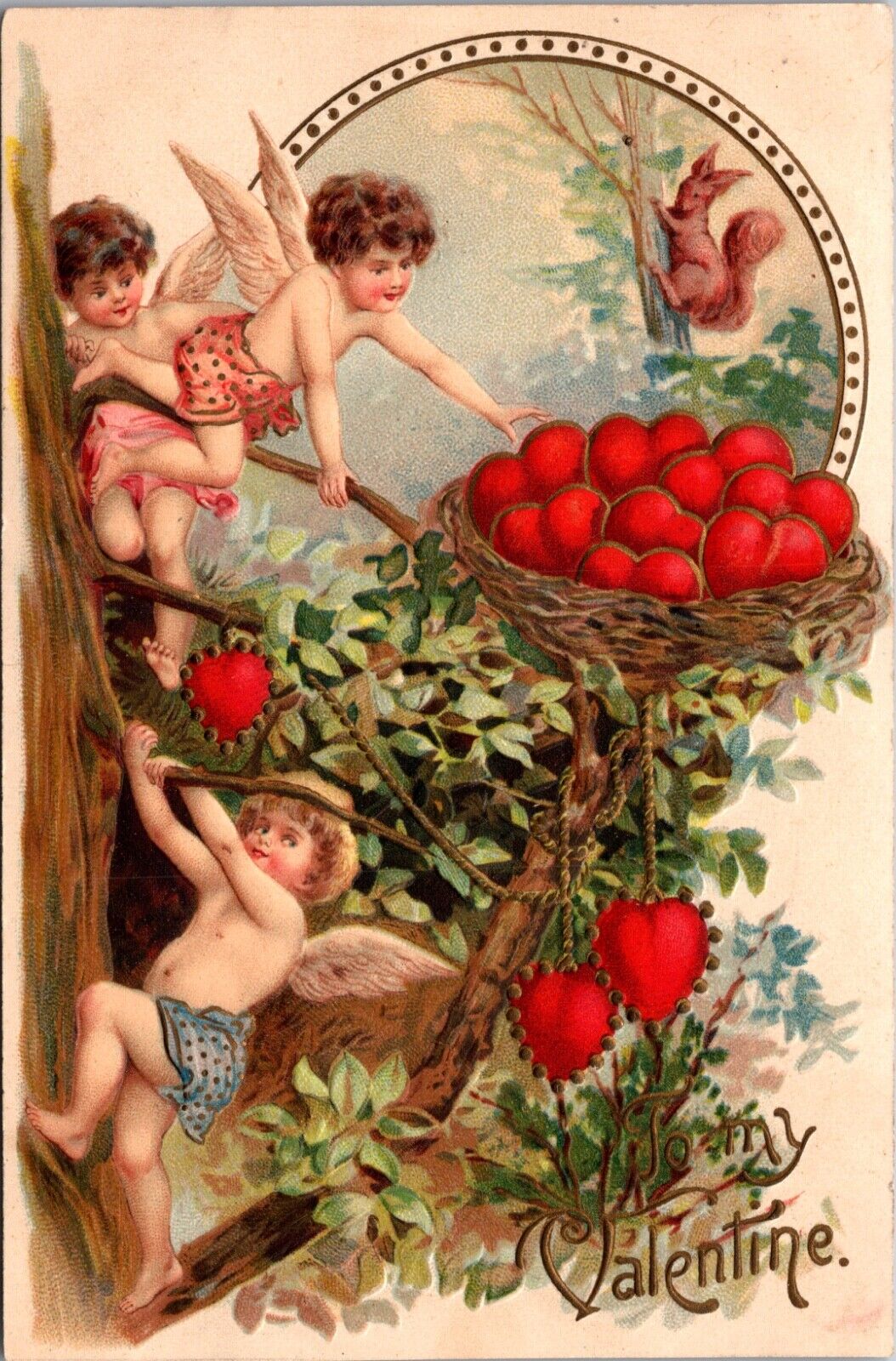 Valentine Postcard Cupid Cherub Angels Taking Hearts from Bird Nest in Tree