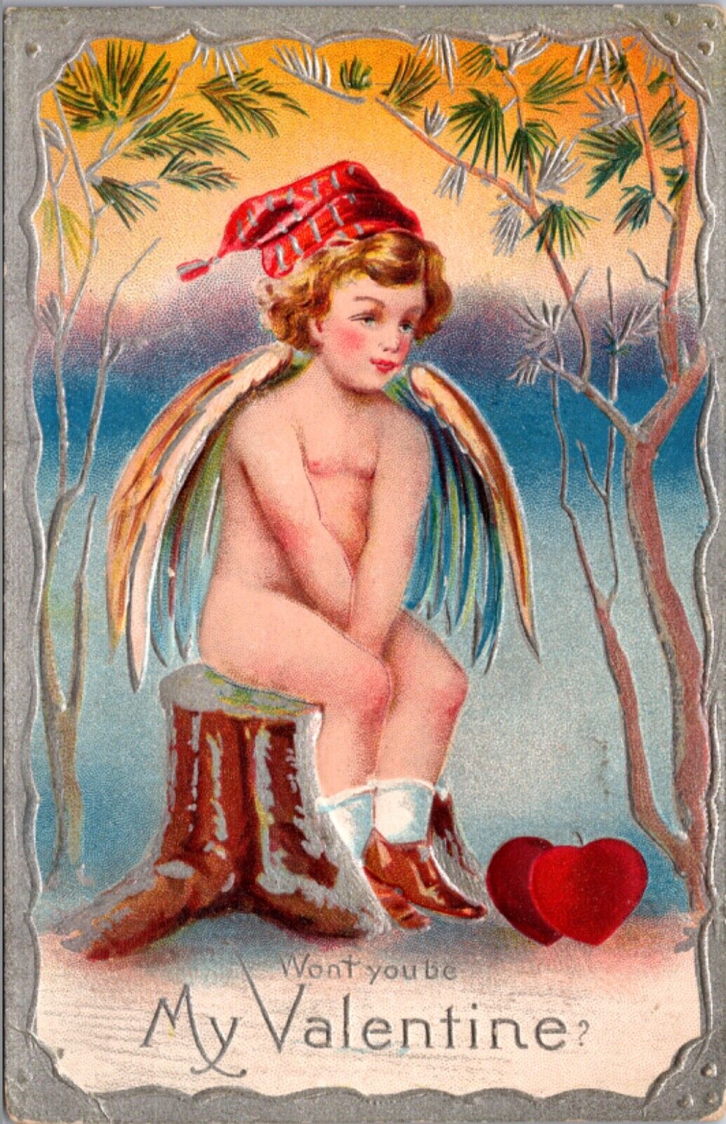 Valentine Postcard Cupid Cherub Sitting on Tree Stump with Hearts on the Ground