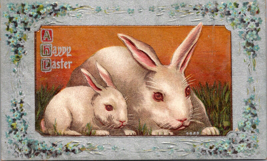 Easter Postcard Baby Bunny and Mama White Bunny Rabbit Blue Flowers