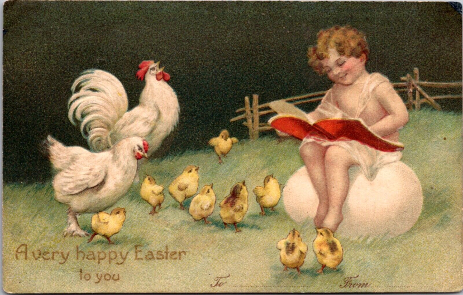 Easter Postcard Child Reading a Book Sitting on an Egg Chicks Chicken Rooster