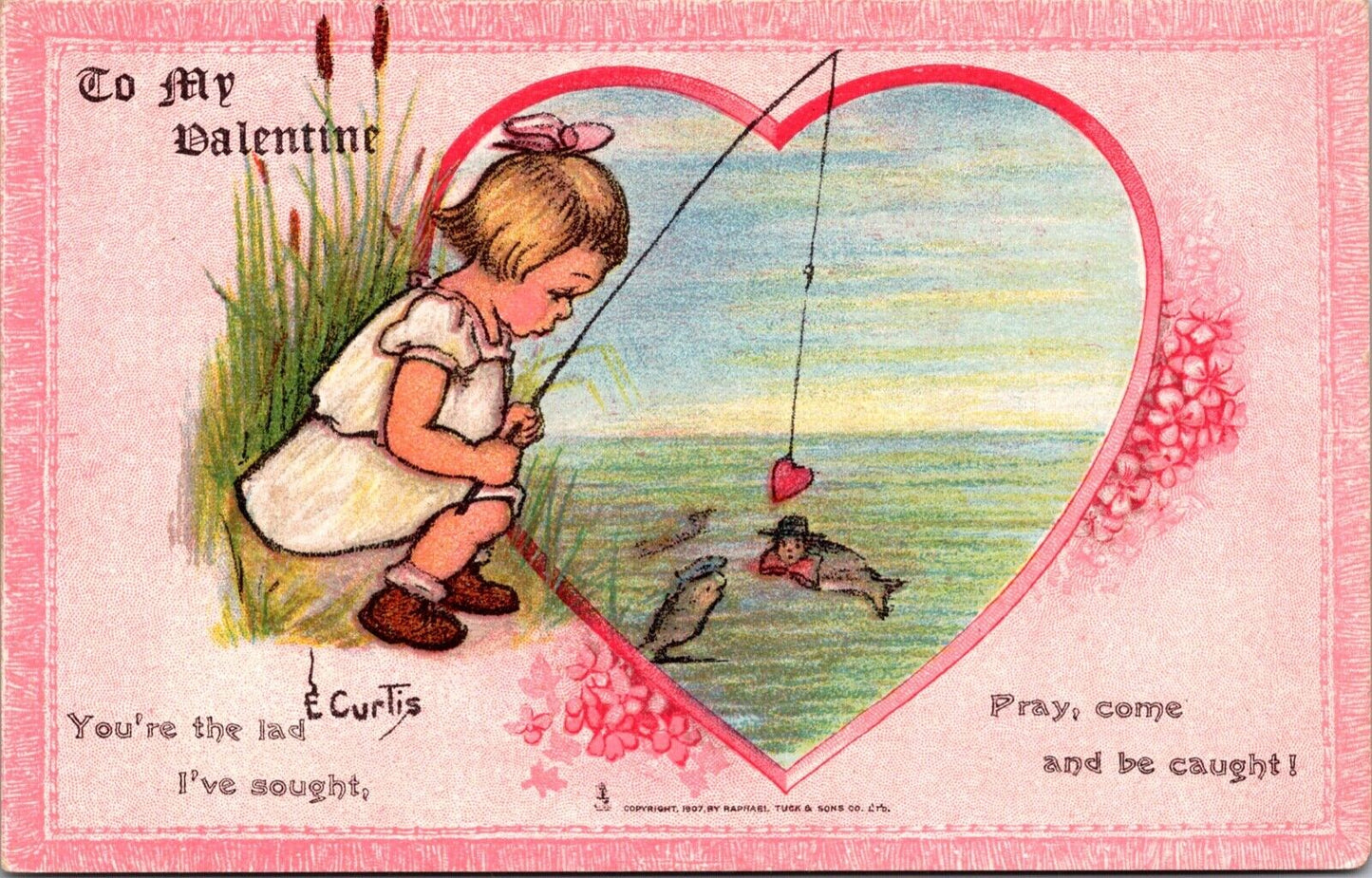 E Curtis Postcard Little Girl Fishing Using a Heart as Bait to Catch Fish