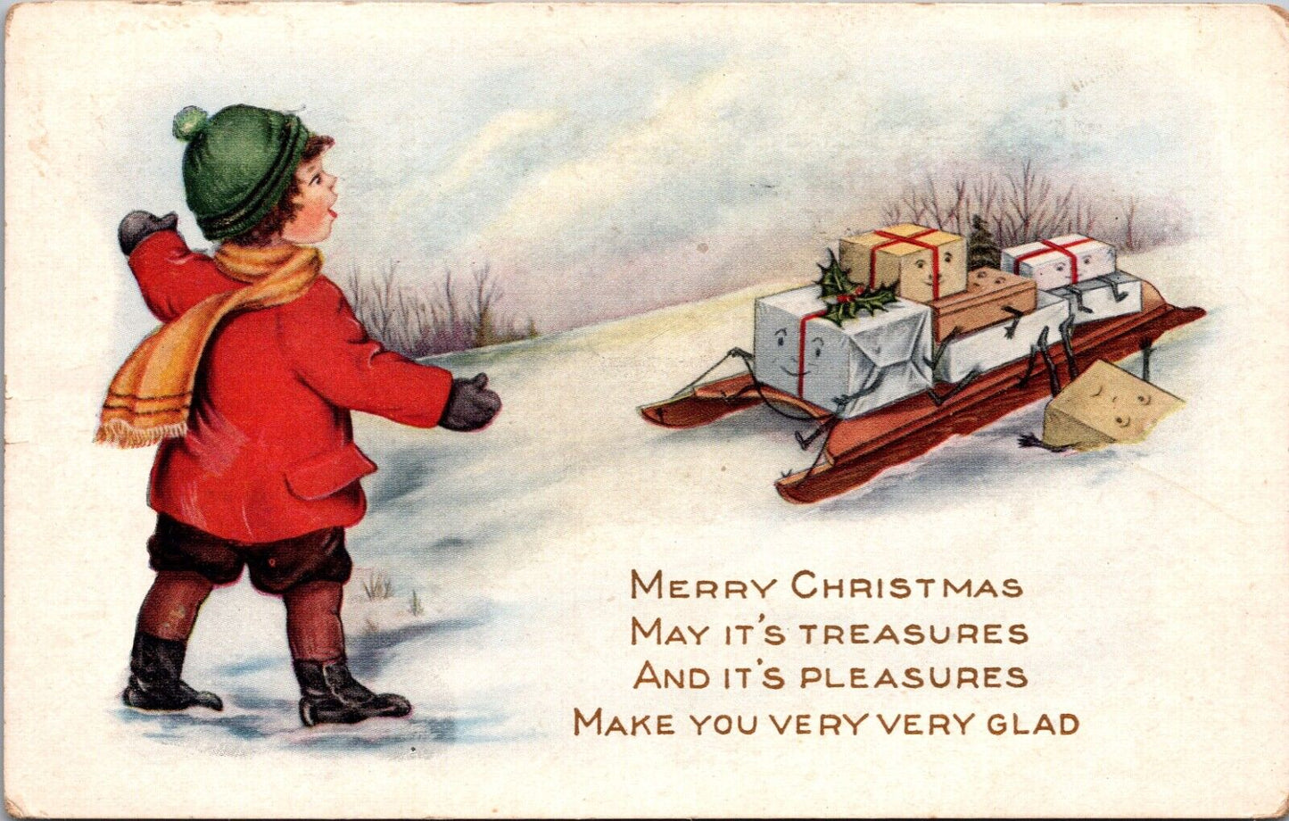 Christmas PC Child with Fantasy Presents with Face Arms Legs on Sled in Snow