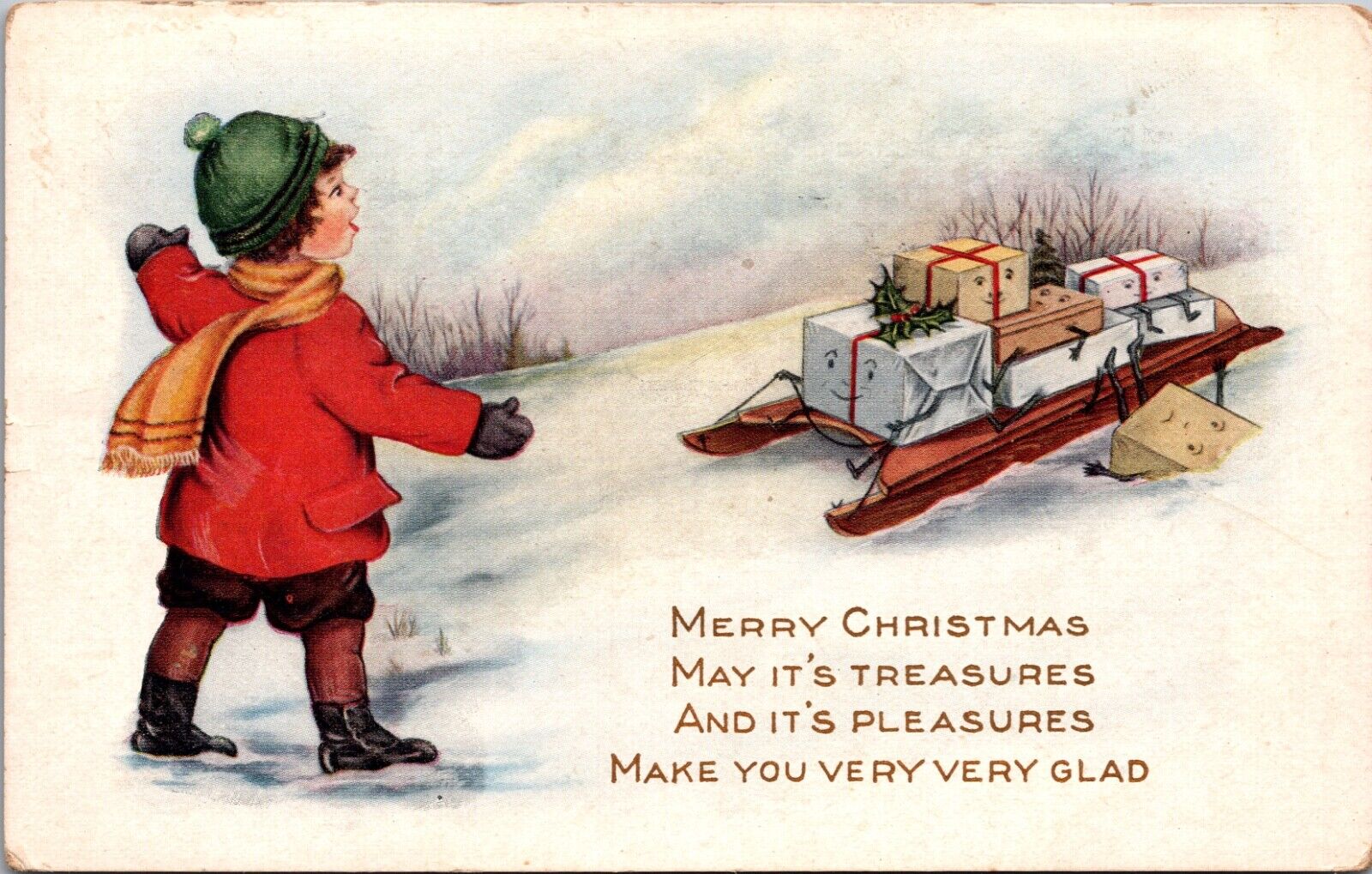 Christmas PC Child with Fantasy Presents with Face Arms Legs on Sled in Snow