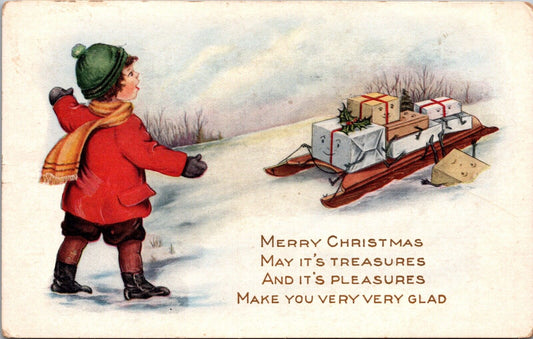 Christmas PC Child with Fantasy Presents with Face Arms Legs on Sled in Snow