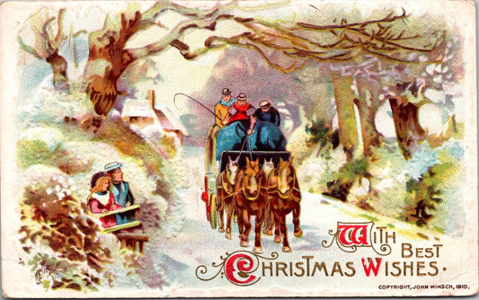 1910 Winsch Christmas Postcard Horse Pulled Stage Coach Carriage in Snow