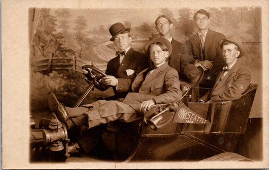 Real Photo Studio PC 1909 Pennant Seattle, Washington Men Open Air Automobile