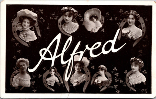 RPPC Large Letter Greetings of the Name Alfred Women's Faces in Horseshoes