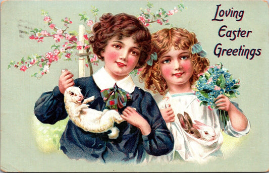 Easter Postcard Boy and Girl Holding Bunny Rabbits and Flowers