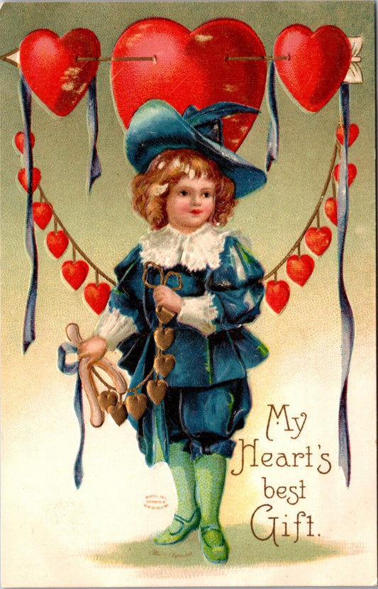 Signed Clapsaddle Valentine Postcard Little Boy Holding Wishbone Gold Hearts