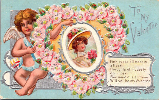 Valentine Postcard Cupid Cherub Angel Woman's Portrait and Heart of Flowers