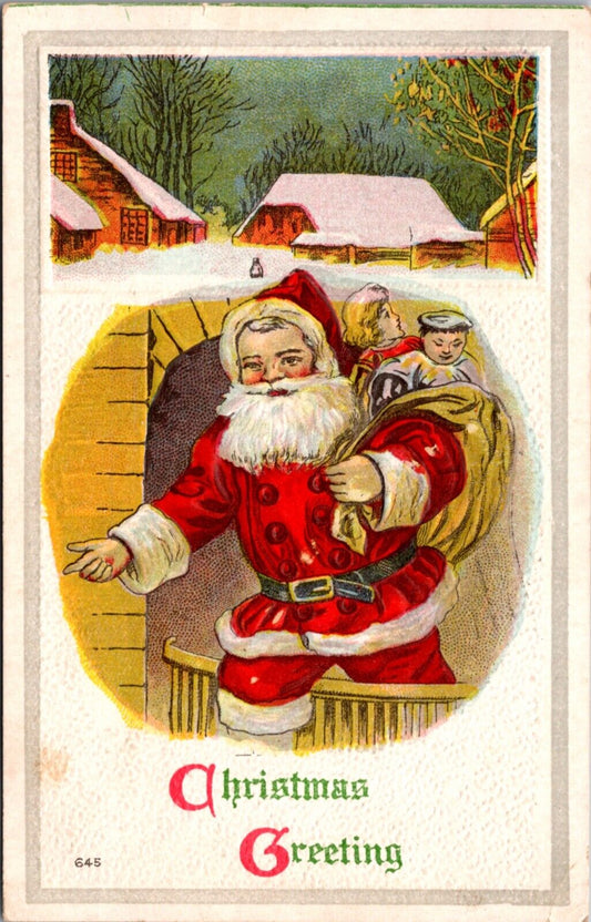 Christmas Postcard Santa Claus Carrying Cultural Dolls in Bag