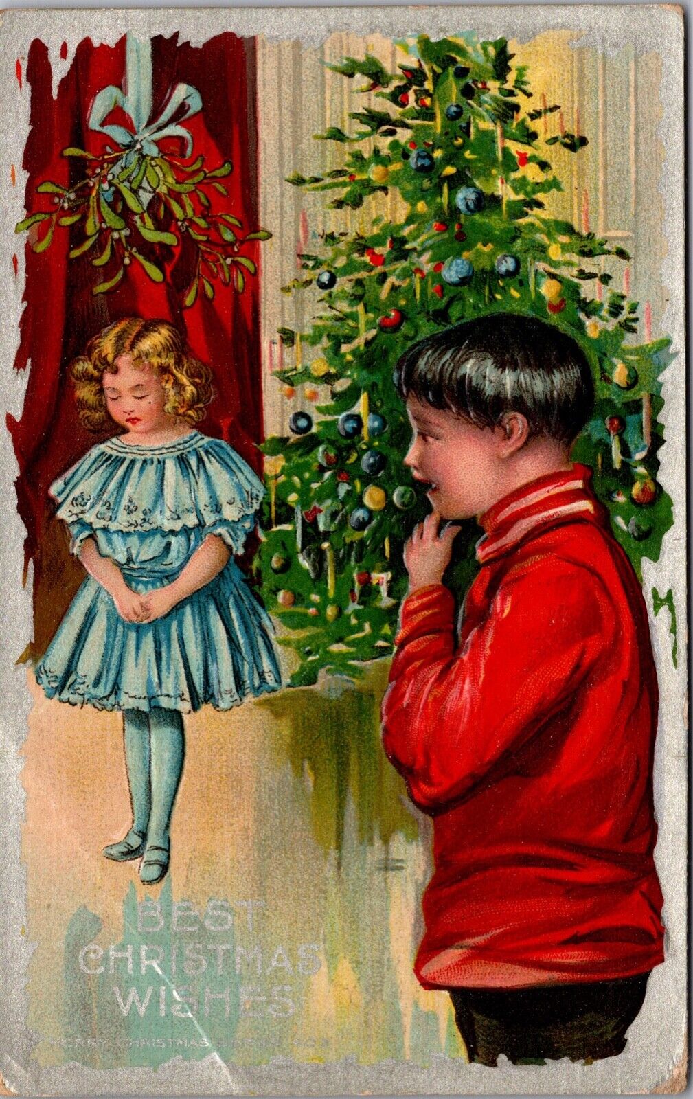 Christmas Postcard Boy Looking at Girl Standing Under Mistletoe~4356