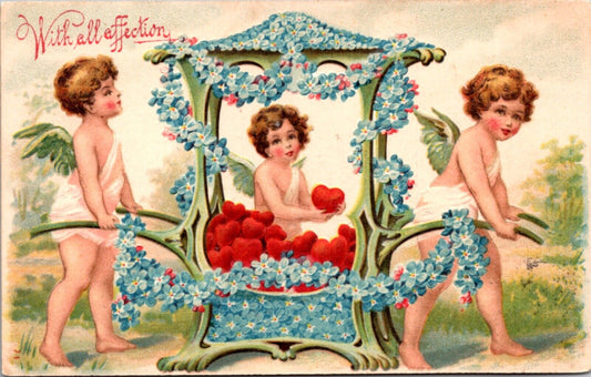 Valentine's Day PC Cherub Cupid Angels Carrying Forget Me Not Flower Hearts