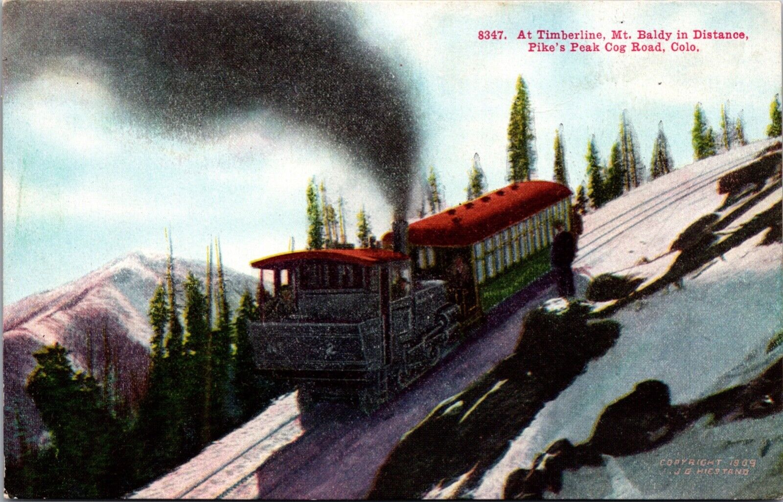 Two Postcards Train Climbing Pike's Peak Cog Road, Colorado