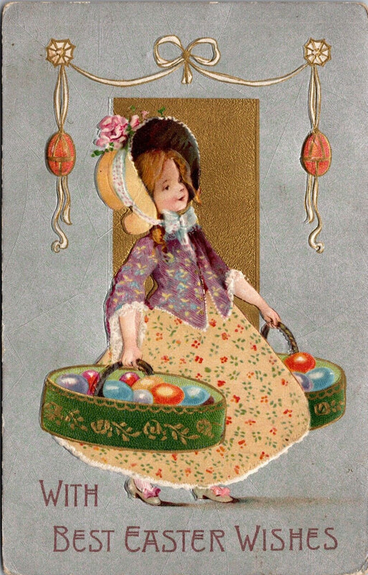 Easter Postcard Well Dressed Little Girl Carrying Baskets of Colored Eggs