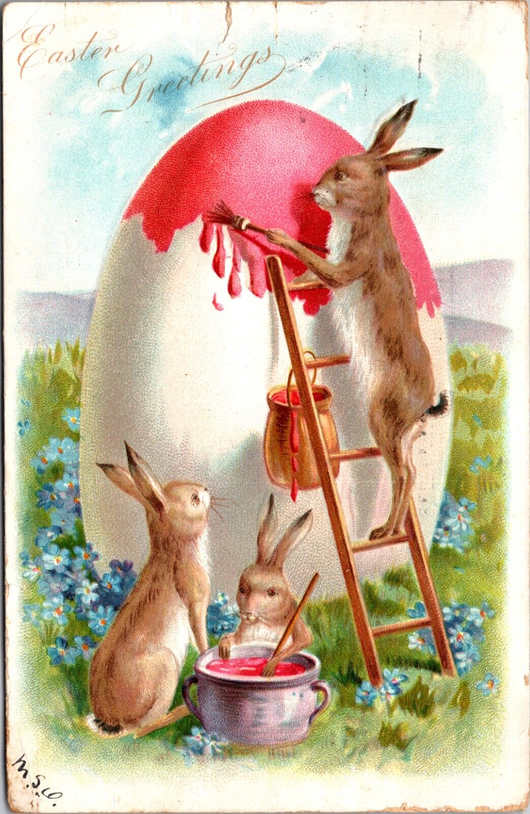 Easter Postcard Bunny Rabbits on Ladder Painting Giant Egg Pink