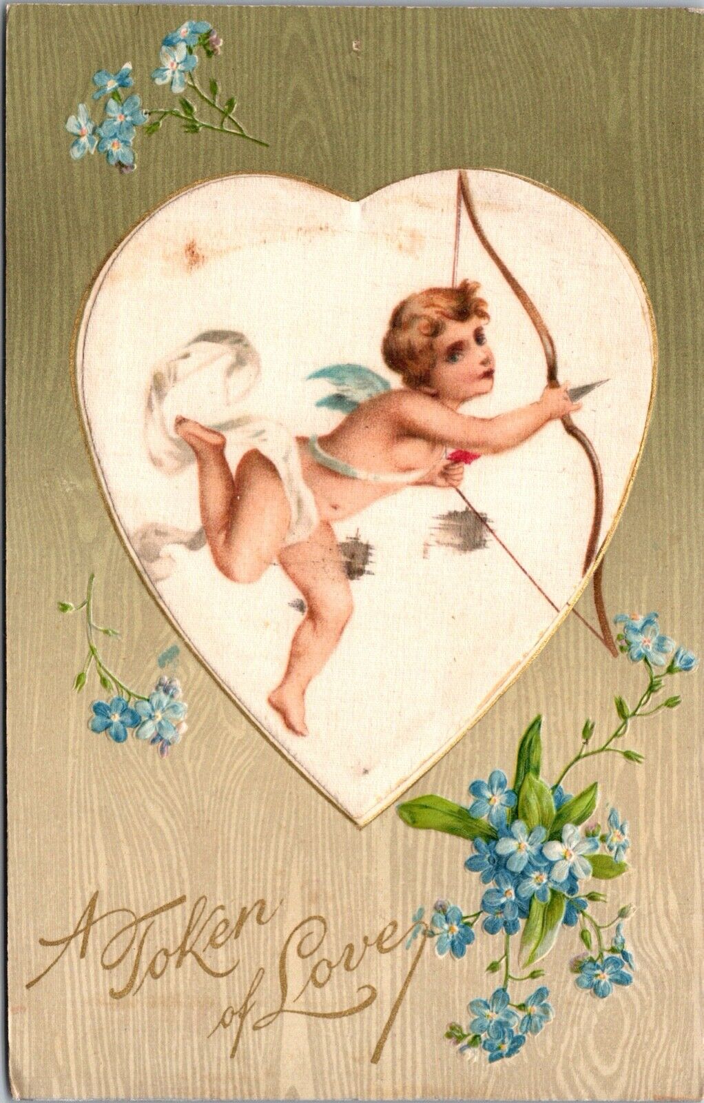 Silk Valentine's Day Postcard Cherub Angel Flying with Bow and Arrow~132947