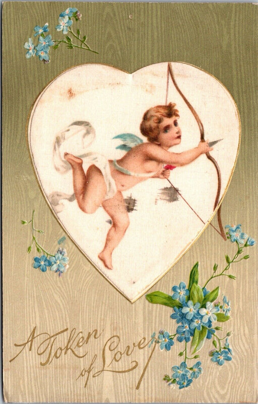 Silk Valentine's Day Postcard Cherub Angel Flying with Bow and Arrow~132947