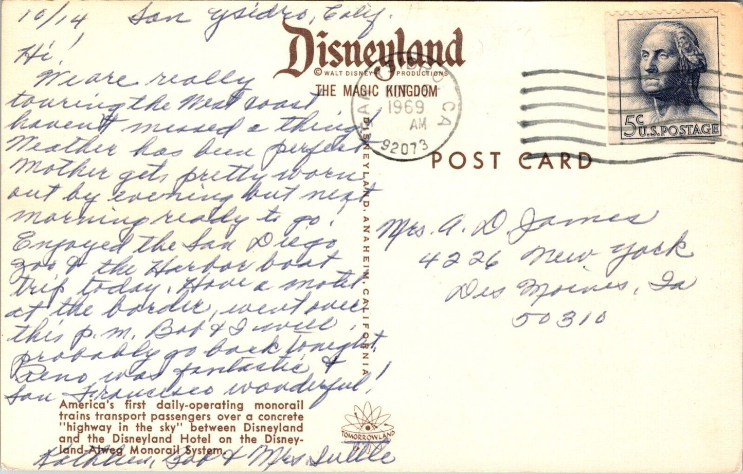 Disneyland Postcard Monorail Highway In The Sky Tomorrowland~1094