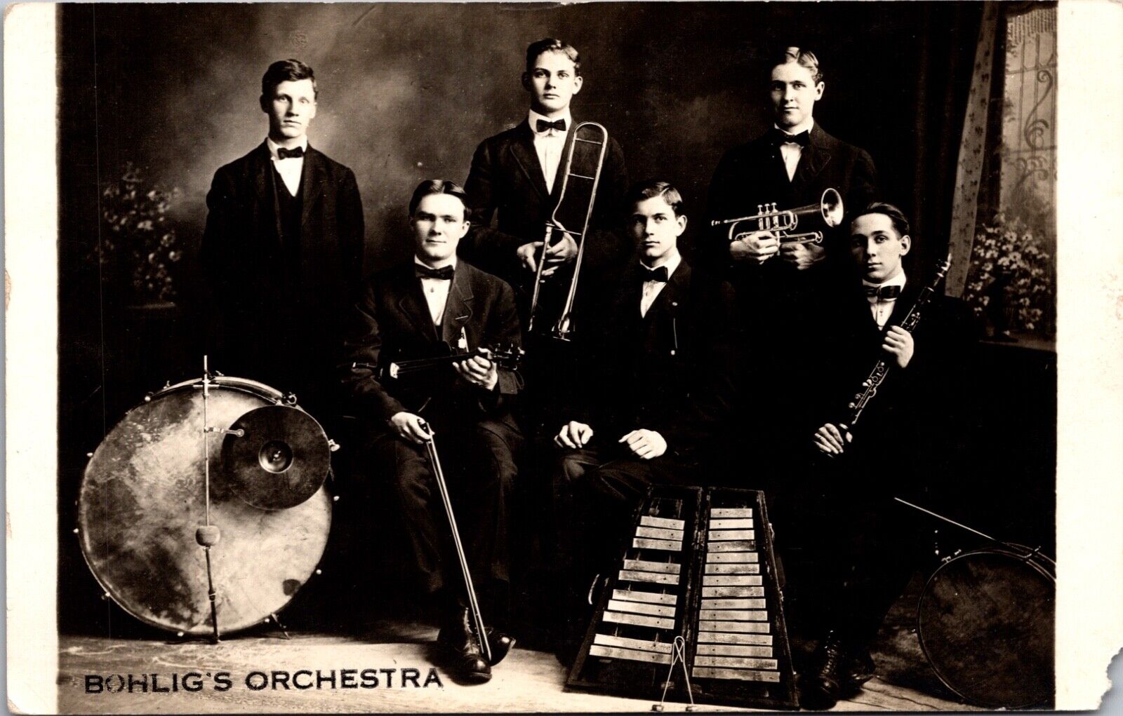 Real Photo Studio Postcard Bohlig Orchestra Group of Young Men with Instruments