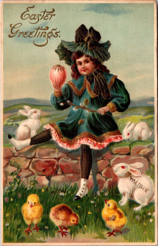 Easter Well Dressed Little Girl Holden Decorated Egg on Stone Wall Bunny Chicks