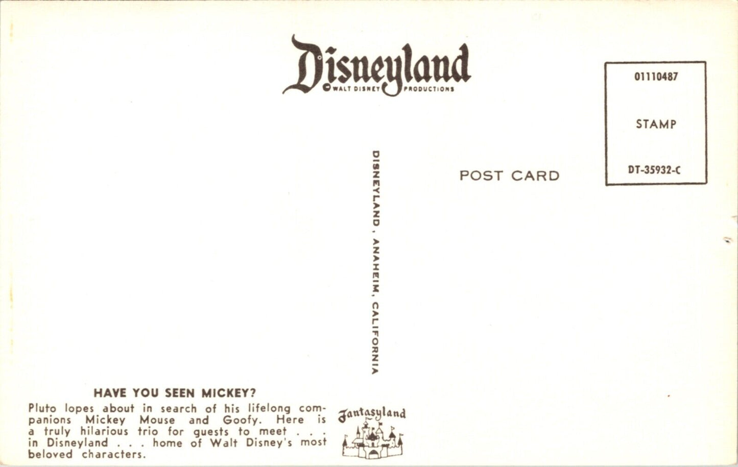 Disneyland Postcard Pluto Matterhorn Mountain