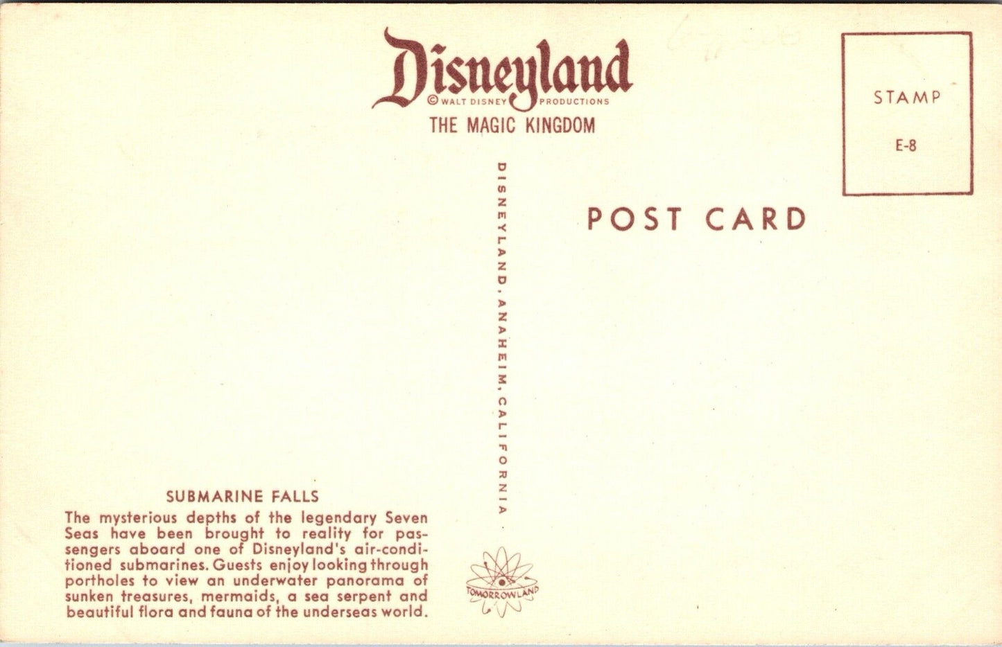 Disneyland Postcard Submarine Falls Seven Seas Ride at Tomorrowland~133574