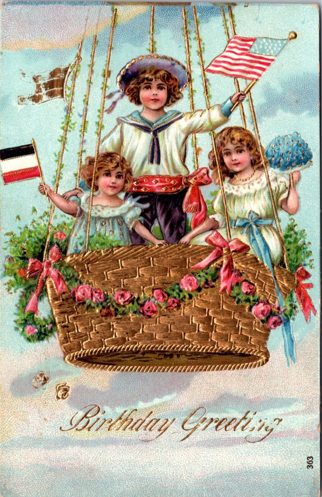 Birthday Greetings Postcard Children Hot Gold Air Balloon American Flag Flowers