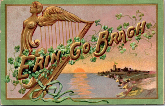 St. Patrick's Day Postcard Celtic Harp Shamrocks Castle Landscape