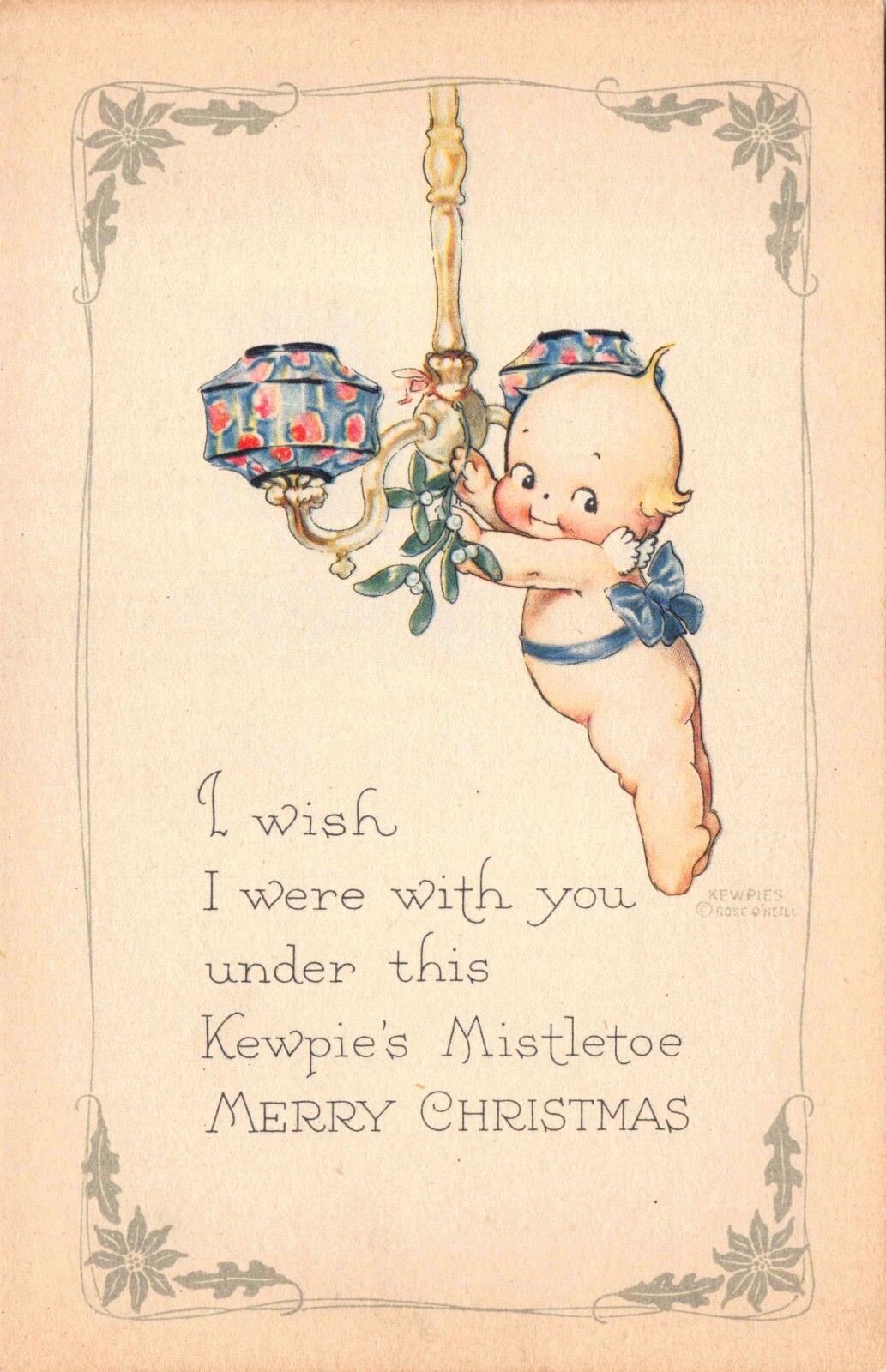 Christmas Postcard Rose O'Neill artwork Kewpie's Hanging Mistletoe~118238