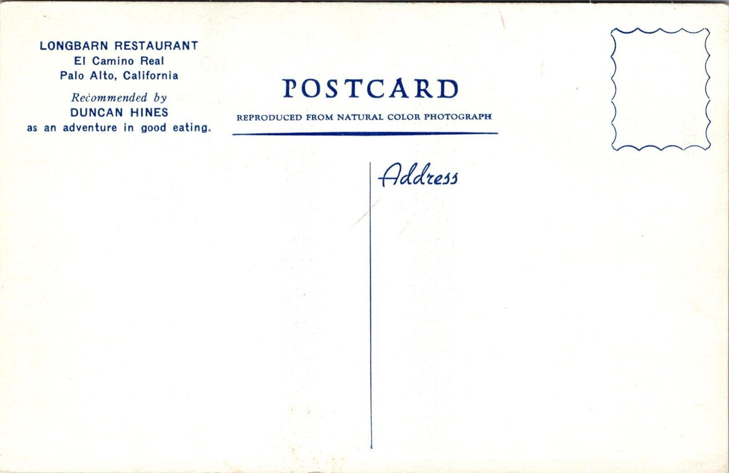 Two Postcards Longbarn Restaurant in Palo Alto, California~4041