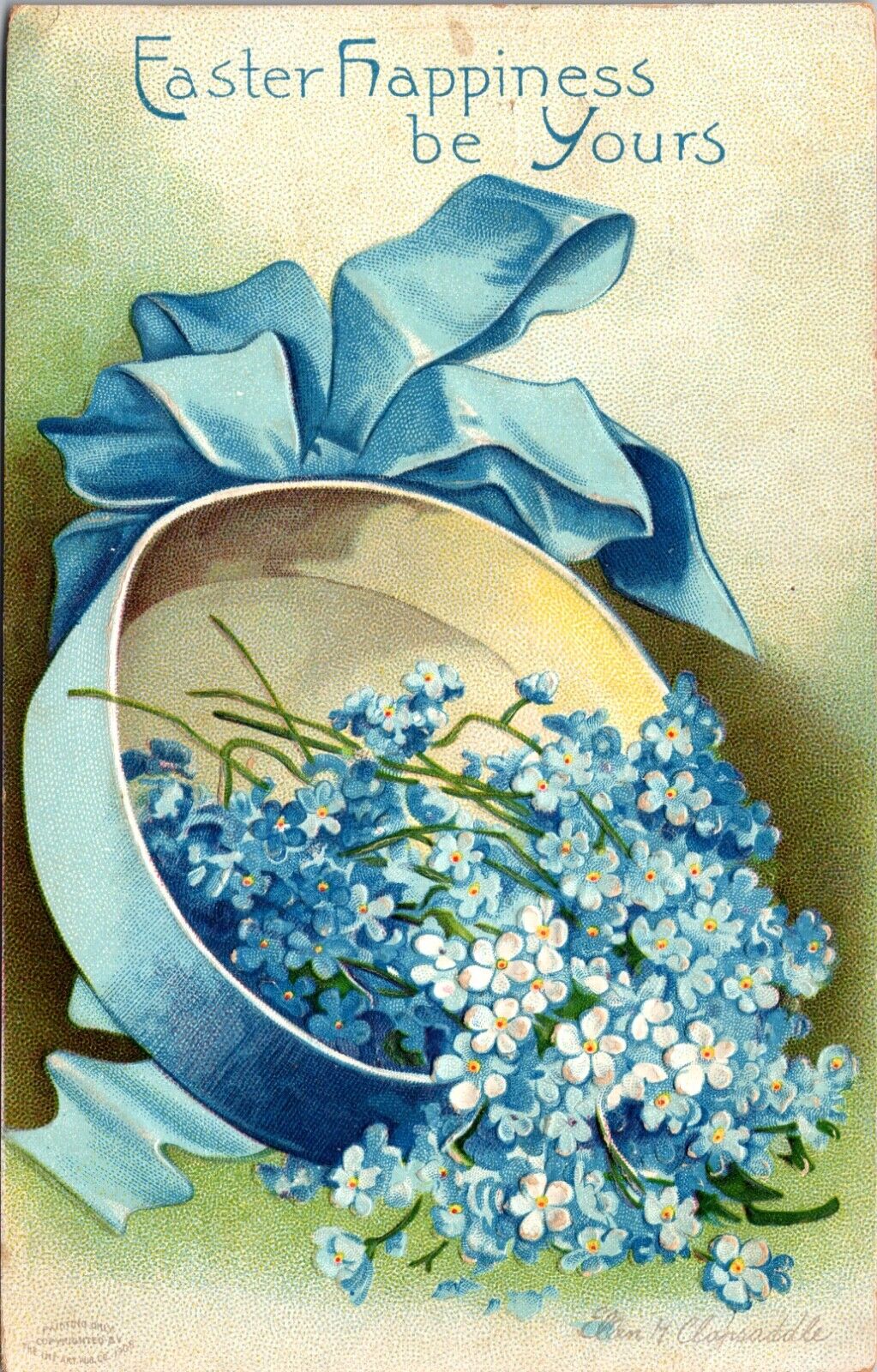 Clapsaddle Easter Postcard Hat Box Filled with Blue Forget Me Not Flowers