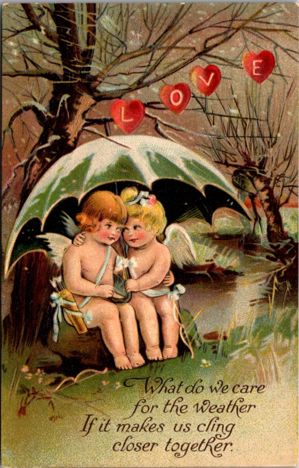 Valentine's Day Postcard Cherub Cupid Angel Boy and Girl Under Umbrella Hearts