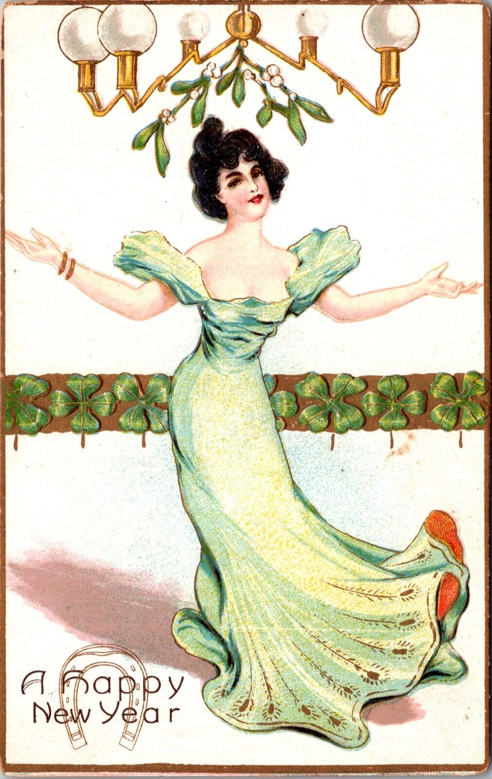 A Happy New Year Postcard Woman Dancing Under Mistletoe Four Leaf Clovers