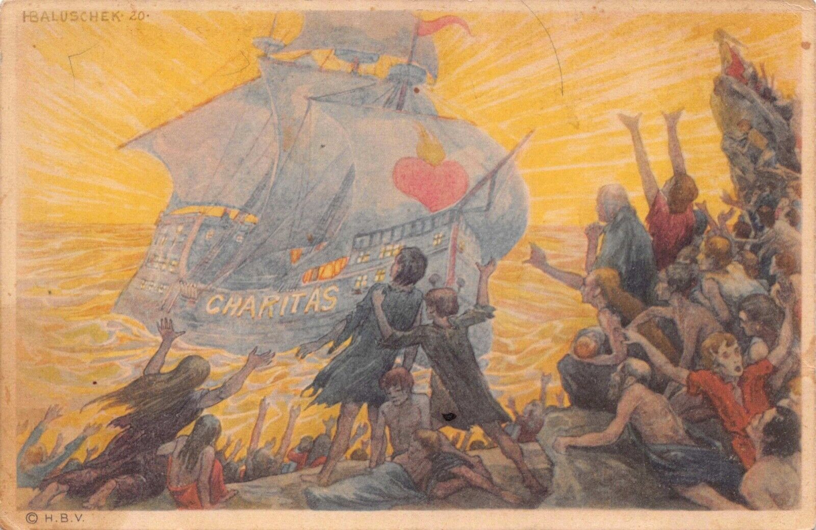 Artwork Postcard Sailing Ship Charitas Red Heart Helping People~127409