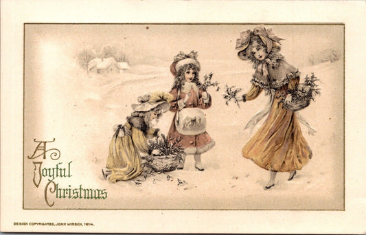 1914 Winsch Christmas Three Girls Walking Through Snow Baskets Holly Mistletoe