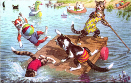 Alfred Mainzer Postcard Dressed Cats Wearing Swimsuits Bathing Suits Playing