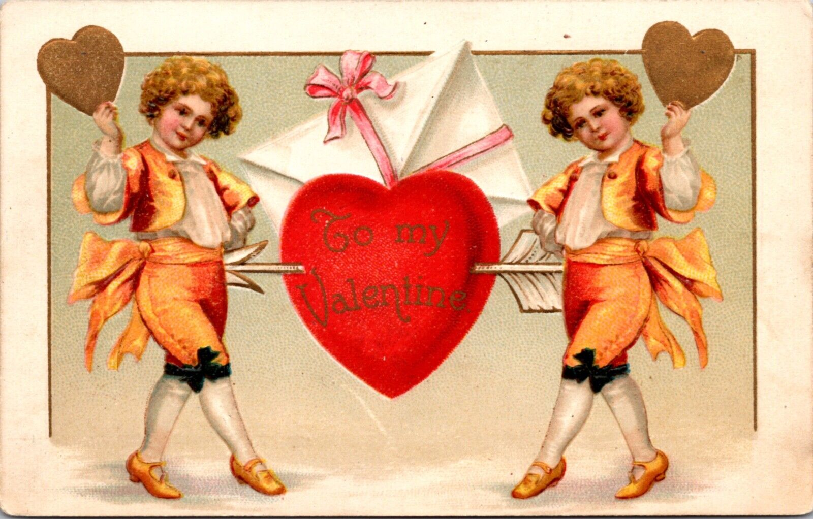 Valentine's Day Postcard Two Young Children Holding Gold Hearts Arrow Envelope