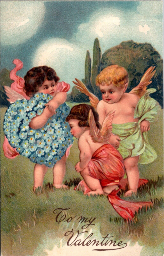 Valentine's Day Postcard Three Cupid Cherubs Heart Made of Forget-Me-Not Flowers