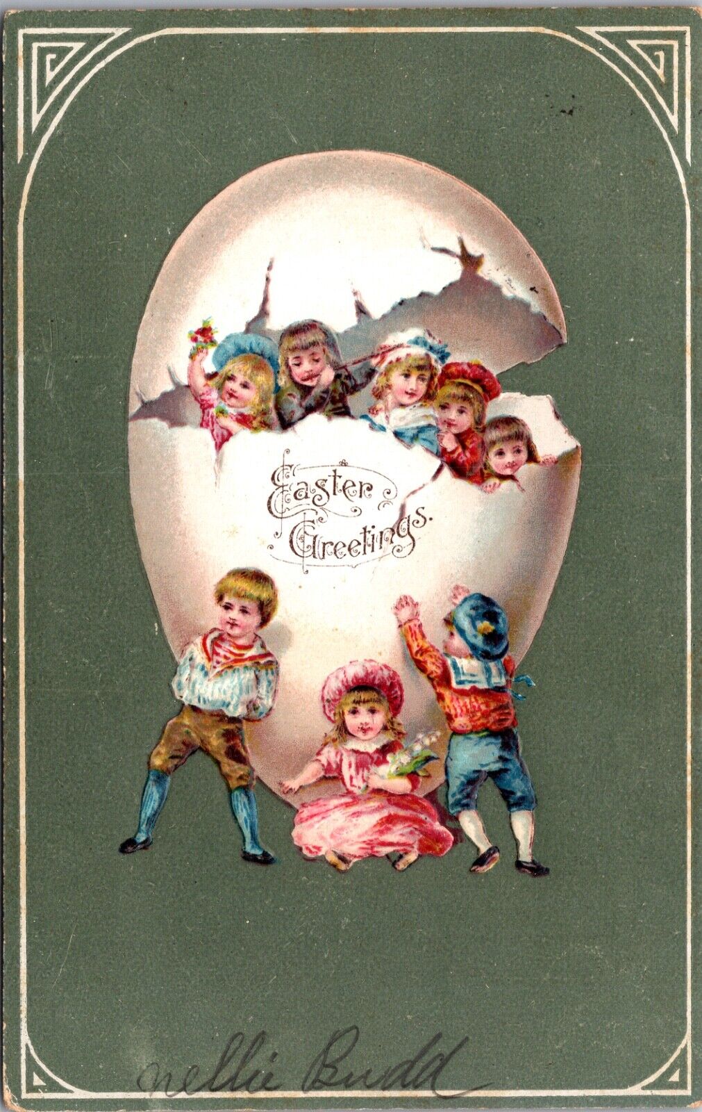 Easter Greetings Postcard Children Inside Broken Eggshell