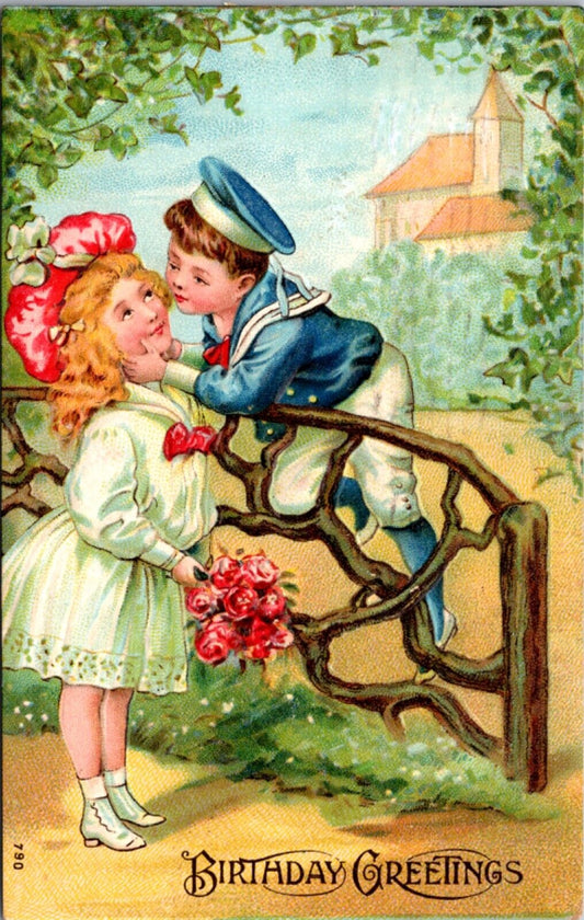 Birthday Greetings Postcard Sailor Dressed Boy Kissing Girl in Garden Pink Roses